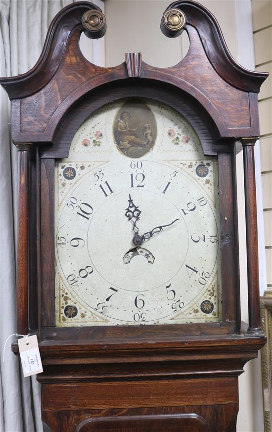 An early 19th century oak 8-day longcase clock, with painted Arabic dial, H.218cm